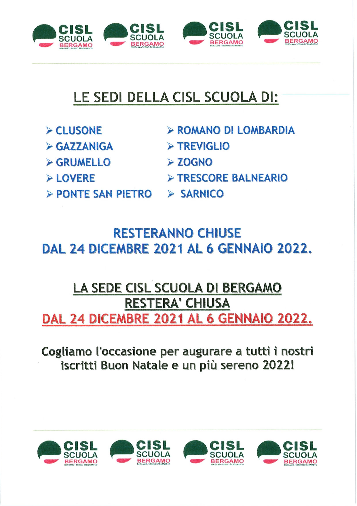 CHIUSURA SEDI ZONALI DICEMBRE CISL SCUOLA 